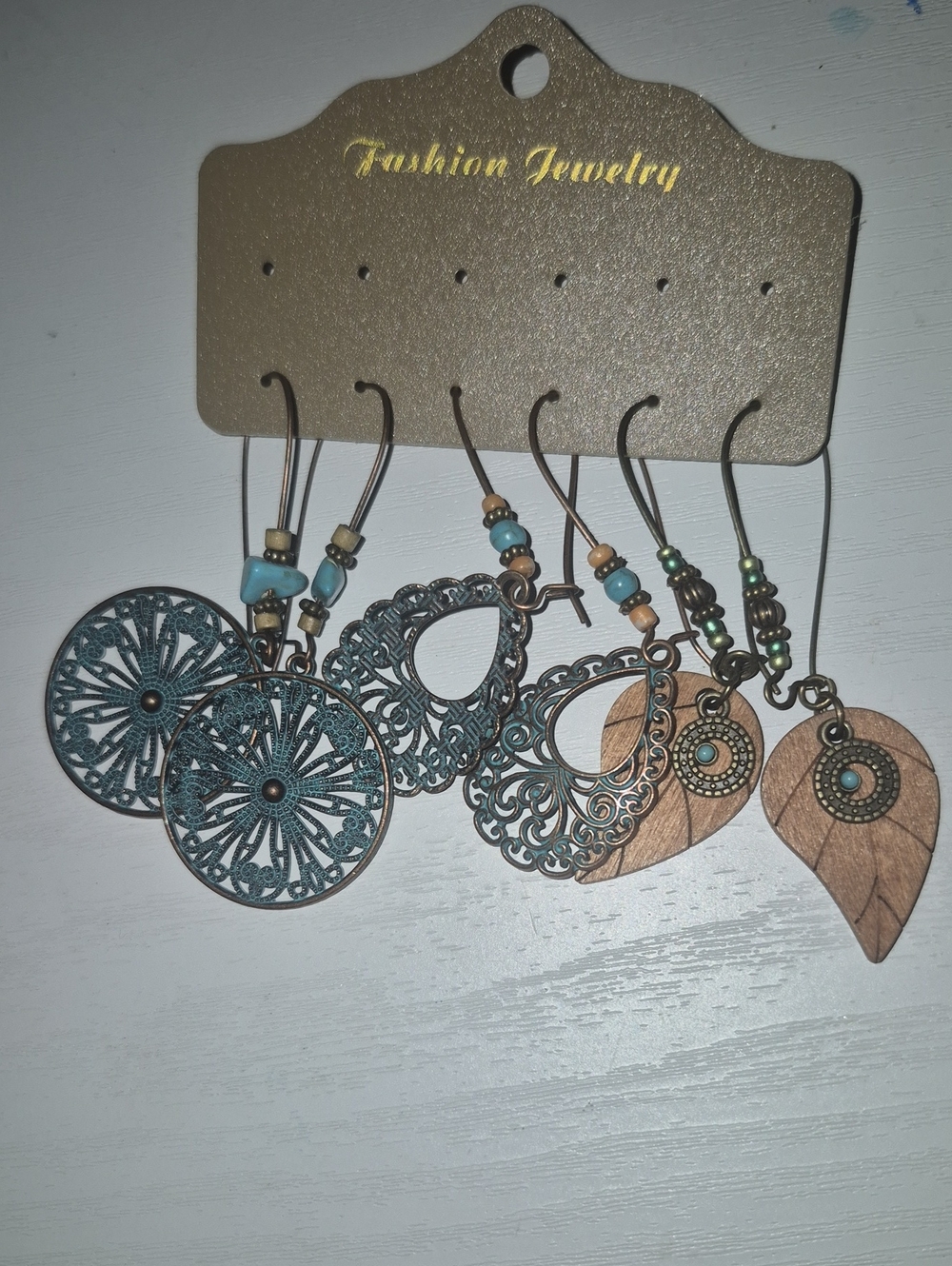 Fashion Jewelry Teal and Wood Mixed Drop Earring Set